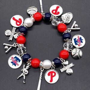 Philadelphia Phillies Charm Bracelet, Beaded Bracelet, Charms Bracelet, Baseball